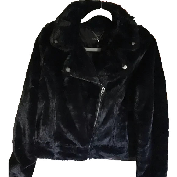 LUCKY BRAND - BLACK FAUX FUR FULL ZIP MOTO BIKER JACKET SZ L - Picture 1 of 5